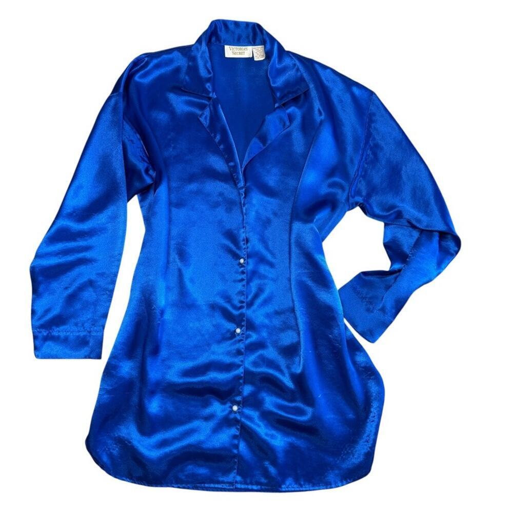 Vintage Gold Label Victoria's Secret Satin Royal Blue Lg Sleeve Nightgown Small - Picture 3 of 8